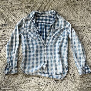 Faded Blue & White Plaid Button Up Flannel Type Shirt